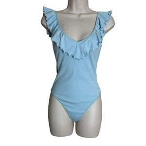 Aritzia Wilfred Danette Ruffle Ribbed Bodysuit Light Blue size Small